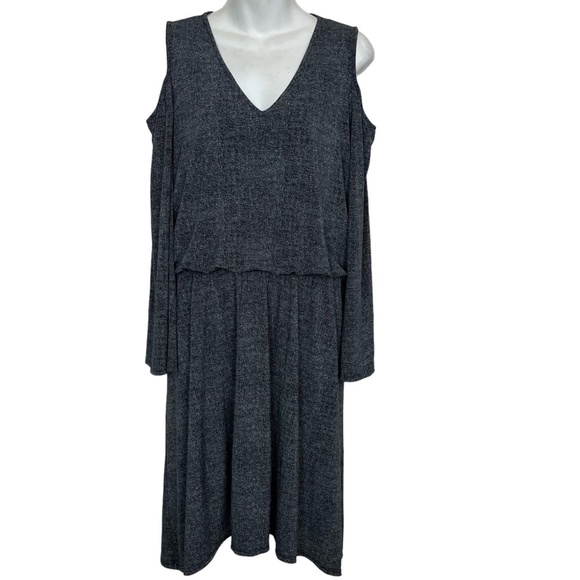 LONDON TIMES Gray Cold Shoulder Blouson Stretch Knit Knee Length Dress sz 10 - Picture 1 of 16